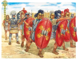 Roman Antiquite (Republiken): en grupp romerska legionärer - Romerska republiken: romerska legionärer - Illustration av Giuseppe Rava