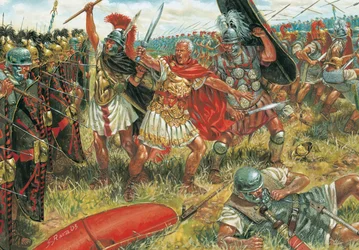 Romersk forntid: Julius Caesar (100-44 f.Kr.) vinner slaget vid Munda den 17 mars 45 f.Kr. i södra Spanien mot republikens anhängare - Illustration