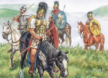 Roman antiquite (Republiken): en grupp romerska ryttare - Romerska republiken: romerskt kavalleri - Illustration av Giuseppe Rava
