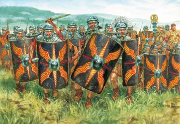 Romersk antikvitet (imperium): en grupp romerska legionärer - Romerska imperiet: legionärer - Illustration av Giuseppe Rava