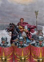 Romersk antikvitet: Romersk armé nära Hadrianus mur i Skottland, 2:a århundradet e Kr - Illustration av Giuseppe Rava