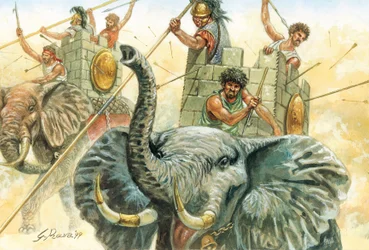 Romersk forntid: Hannibals elefanter - skildring av elefanterna som gjorde det möjligt för general Hannibal (247-183 f.Kr.) att korsa Alperna år 218 f.Kr. under det andra puniska kriget. Illustration av Giuseppe Rava