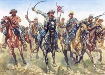 Secessionskriget (1861-1865) - Amerikanska inbördeskriget: de konfedererade soldaternas kavalleri i anfall - Illustration av Giuseppe Rava