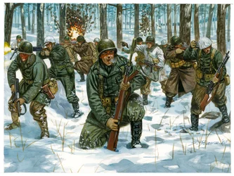 Andra världskriget: Amerikansk infanterioffensiv under Ardenneroffensiven i Bastogne, december 1944 - Andra världskriget: Amerikansk offensiv under Ardenneroffensiven, december 1944 - Illustration av Giuseppe Rava