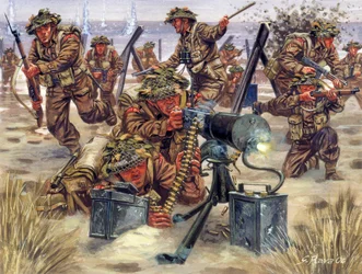 Andra världskriget: Landsättning i Normandie i juni 1944, engelska soldater - WWII: Landstigningen i Normandie, de brittiska trupperna, 6 juni 1944 - Illustration av Giuseppe Rava