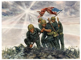 Andra världskriget, Stillahavskriget: Slaget vid Iwo Jima, amerikanska marinkårens seger i februari 1945 - Andra världskriget, Stillahavskriget: Slaget om Iwo Jima (Operation Detachment), den amerikanska marinkåren hissar den amerikanska flaggan, februari 