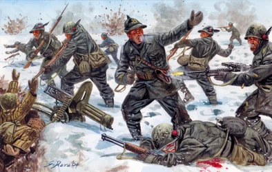 Andra världskriget, ryska fronten: Italienska alpina jägare i Ryssland i januari 1943 - Andra världskriget, ryska fronten: de italienska alpina jägarna i Ryssland, januari 1943 - Illustration av Giuseppe Rava