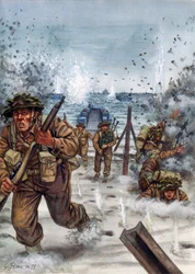 Andra världskriget: Skotska soldater under landstigningen i Normandie 6/06/1944 - Andra världskriget, D-dagen: Skotska soldater under landstigningen i Normandie den 6 juni 1944 - Illustration av Giuseppe Rava