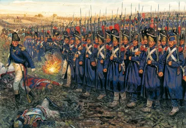 Det mellersta gardets attack mot Wellingtons center vid slaget vid Waterloo den 18 juni 1815 "Napoleon I:s (1769-1821) kejserliga garde marscherar mot hertigen av Wellingtons trupper vid slaget vid Waterloo