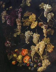 Stilleben med vindruvor, vinblad och annan frukt, oljemålning av Giuseppe Recco (1634-1695)