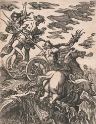 Våldtäkt av Persefone med Pluto till häst till höger, 1590-1607.