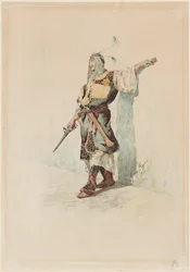 En morisk soldat framför en solbelyst mur