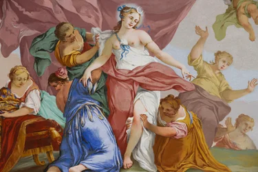 Representationer av myten om Diana, av Domenico och Giuseppe Valeriani, fresk, välvt tak i sovrummet, kungens lägenhet, jaktresidens, av Filippo Juvarra (1678-1736), Stupinigi, Piemonte, Italien