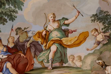 Representationer av myten om Diana, av Domenico och Giuseppe Valeriani, fresk, välvt tak i sovrummet, kungens lägenhet, jaktresidens, av Filippo Juvarra (1678-1736), Stupinigi, Piemonte, Italien