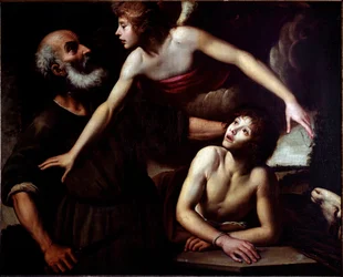 Isaks offer Ängeln Stoppa Abrahams hand (Isaks offer) Målning av Giuseppe Vermiglio (1585-1635) 1600-talsgener, Musei di Strada Nuova (ex Palazzo Bianco)