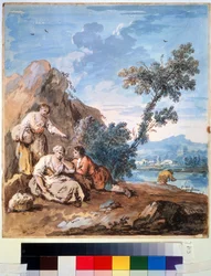 Tre bönder vilar på en flodstrand. Målning av Giuseppe Zais (1709-1784). Akvarell på papper, 29,5 x 26,2 cm, ca 1750. Venetiansk skola, italiensk målning 1700-tal. Pushkins konstmuseum,