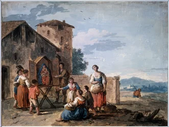 En grupp bönder framför tabernaklet med den stående Madonnastatyn. Teckning av Giuseppe Zais (1709-1784). Tempera och sepia på papper, 30,2 x 38 cm, cirka 1750. Venetian School of
