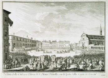 Högtiden för Corsa dei Cocchi på Piazza Santa Maria Novella. Corsa dei Cocchi-festen på torget vid kyrkan Santa Maria Novella i Florens. Teckning av Giuseppe Zocchi (1711-1767). Florens, Biblioteca Riccardiana.