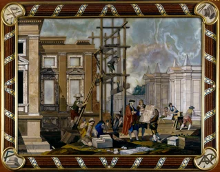 Panel i pietre dure inlay föreställande arkitektur
