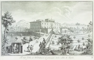 Villa Palmieri i Fiesole, av Giuseppe Zocchi (1711-1767), Utsikt över villorna och omgivningarna i Toscana, Italien