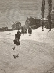 Det är kallt!, kvinna som går i snön, gravering från en målning av Giuseppe De Nittis, teckning av Montefusco, L