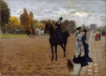 Amazonas Cavaliere pratar med vandrare Avenue Foch i Paris. Målning av Giuseppe De Nittis (1846-1884), cirka 1875. Olja på duk. Mått: 42x31cm. Gener, Galleria d