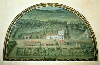 Colle Salvetti, från en serie lunetter som visar utsikten över Medici-villorna, 1599 (tempera på panel)
