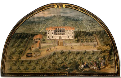 Villa "" La Peggio "" av Giusto Utens (1500-talet). Män som spelar boll. Florens museum som det var. Florens.