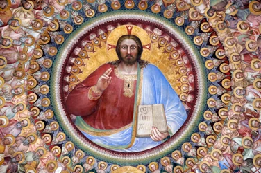 Baptisteriet i Padua. Takfresker från 1300-talet av Giusto de Menabuoi. Paradiset. Välsignelse av Kristus med änglar, patriarker, profeter och helgon. Detalj. Padua. Padua, Italien. (foto)