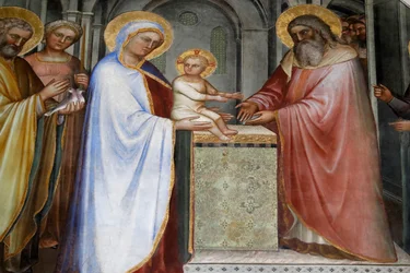 Baptisteriet i Padua. Takfresker från 1300-talet av Giusto de Menabuoi. Jesu presentation i templet. Padua. Padua, Italien. (foto)