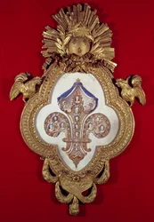 Fleur de France, släktträd med tretton porträtt av Ludvig XV (1710-74) och hans ättlingar i en liljeformad ram, 1765