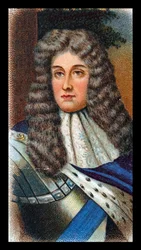 JAMES II (1633-1701) kung av Storbritannien och Irland 1685-88; flydde till Frankrike efter att Vilhelm av Oranien (Vilhelm III) landstigit vid Torbay. Kromolitografikort efter porträtt av Godfrey Kneller