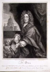 Porträtt av Christopher Wren graverad för Elmes "Life of Wren"