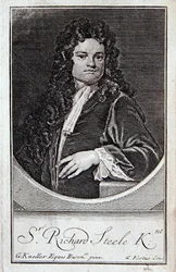 Porträtt av Richard Steele, frontispice till "The Dramatic Works of Richard Steele", graverat av George Vertue (1684-1756), London.