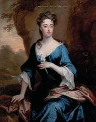 Porträtt av Elizabeth Skipwith, Lady Craven, trekvartslångt, i en blå klänning och röd sjal, ett trädbevuxet flodlandskap bortom, 1704
