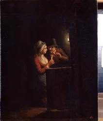 En man och en kvinna vid levande ljus. Målning av Godfried Cornelisz Schalcken (1643-1706). Olja på duk, 31 x 25 cm. Holländsk konst, barockkonst. State Open Air Museum Palace Gatchina, Sankt Petersburg.