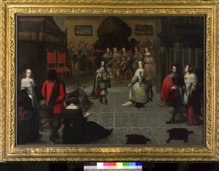 Karl II av England (1630-1685) dansar i Haag (Nederländerna), maj 1660, troligen med sin systerdotter Elizabeth van de Paltz (1616-1680), för ceremonin som hölls för att återge honom titeln kung av England