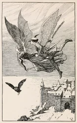 Reskamraten flög bakom henne, från Fairy Tales from Hans Anderson, pub 1919.