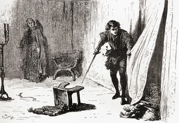 En scen ur William Shakespeares pjäs Hamlet, akt III, scen 4, Hamlet: Du eländiga, förhastade, påträngande dåre, farväl! Jag tog dig för din bättre, från William Shakespeares verk, publicerat 189.