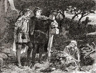 En scen ur William Shakespeares pjäs Hamlet, akt V, scen 1: Hamlet: "Jag känner honom, Horatio, en man med oändligt skämtlynne och utmärkt fantasi", ur William Shakespeares verk, utgiven 1896