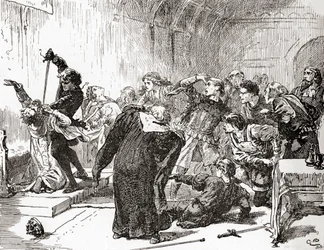 En scen ur William Shakespeares pjäs Hamlet, akt V, scen 2, Hamlet: ”Spetsen är också förgiftad! Då, gift, gör ditt verk.” (Sticker kungen), ur William Shakespeares verk, utgivna 1896 (gravyr