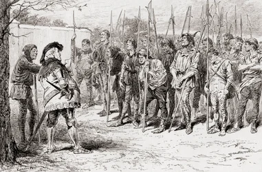 En scen från William Shakespeares pjäs Kung Henrik IV, del 1, akt IV, scen 2, Falstaffs raggarregemente, från The Works of William Shakespeare, publicerad 1896.