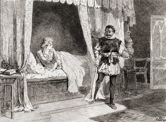 En scen ur William Shakespeares pjäs Othello Akt V, scen 2, Desdemona: Talar du om att döda? Othello: Ja, det gör jag, från The Works of William Shakespeare, utgiven 1896.