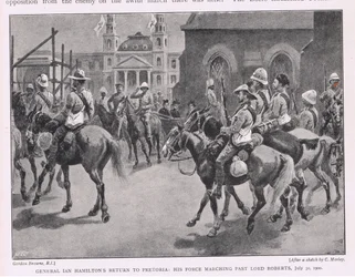 General Ian Hamiltons återkomst till Pretoria: hans styrka marscherade förbi Lord Roberts 30 juli 1900
