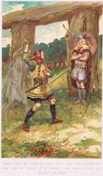 Hadur tog misteln från Loui, illustration från "The Book of Sagas" av Alice S. Hoffman, publicerad 1926