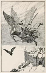 Reskamraten flög bakom henne, från Fairy Tales from Hans Anderson, pub 1919 (gravyr)