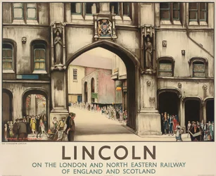 En affisch för London och North Eastern Railway som annonserar tågresor till Lincoln