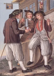 De tre Bacchus, bönder i dräkt i staden Morat, Schweiz (litografi)