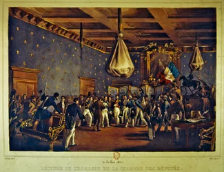 Läser deputeradekammarens anförande på Hotel de Ville, Paris den 31 juli 1830 (lito i färg)