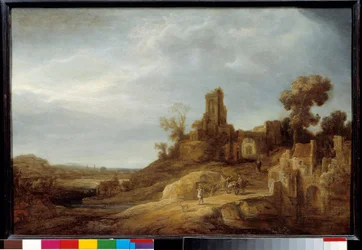 Landskap vid bron och ruinerna Målning av Govaert Flink (1615/1616-1660) 1637 Sön. 0,49x0,75 m